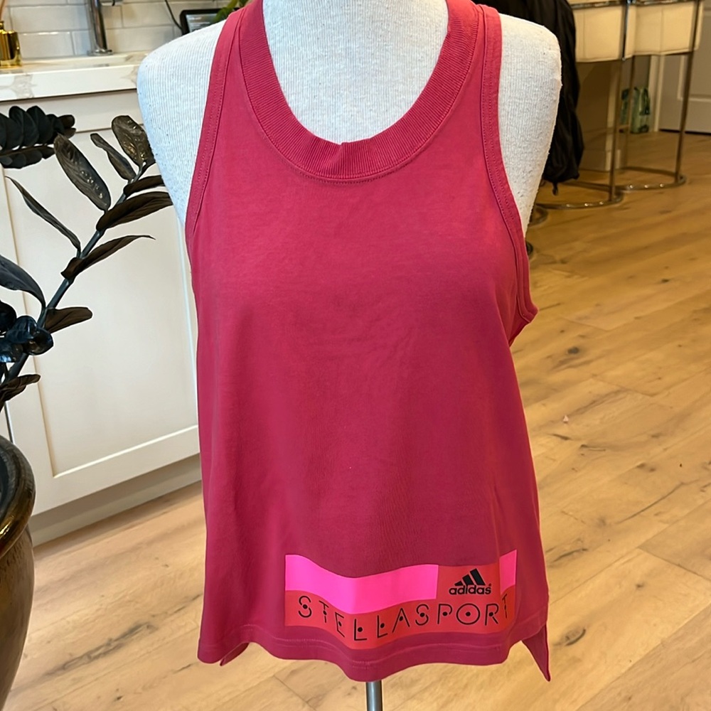 EUC Adidas Stella McCartney collab salmon pink with orange spellout bar t-shirt
